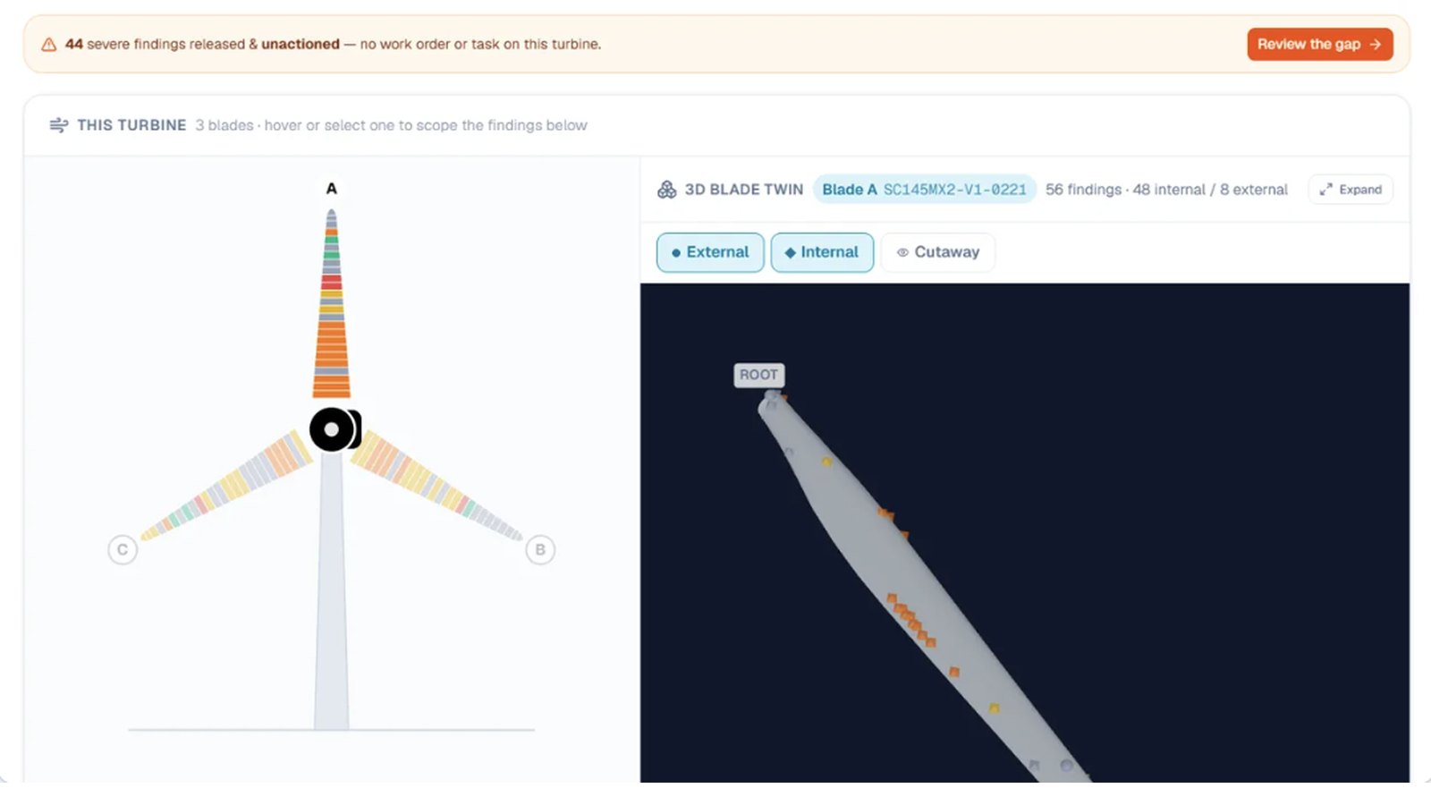 Turbine view with a 3D blade twin showing its findings
