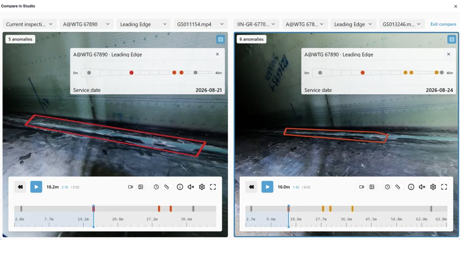 Two inspections of the same leading edge compared side by side