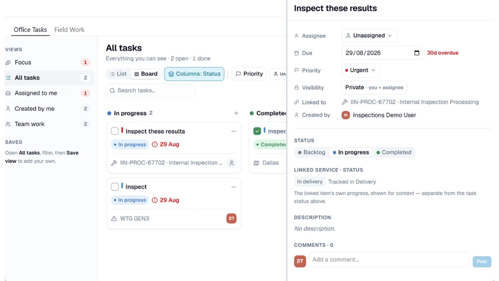 Office tasks board with a task detail panel open
