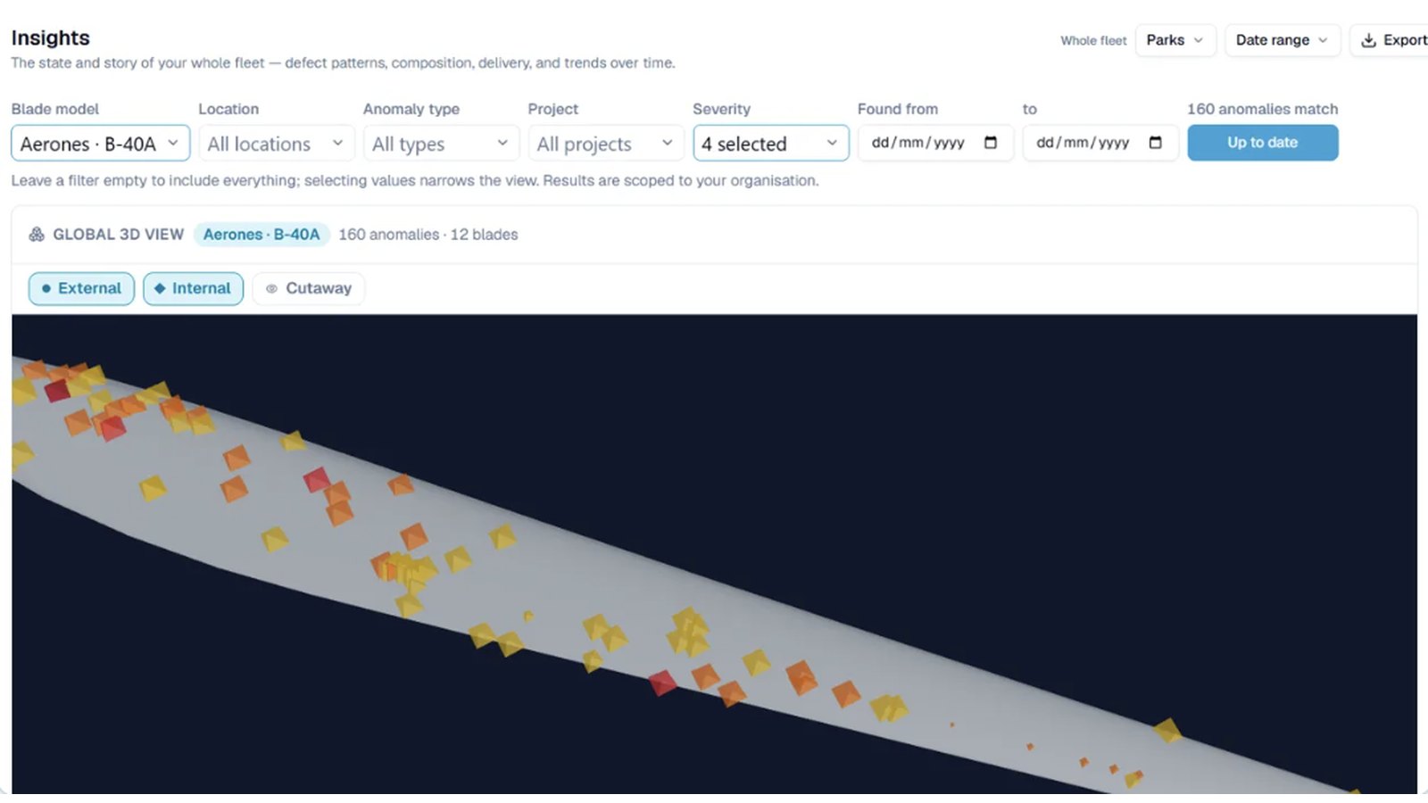 Insights page with the Global 3D view of one blade model